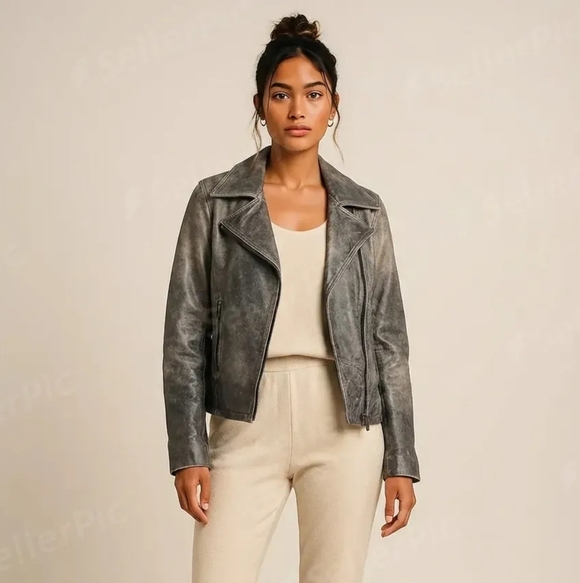 CANADIAN VINTAGE Distressed, Brown Leather Assymetrical Jacket by OCEAN WEST - Picture 2 of 16